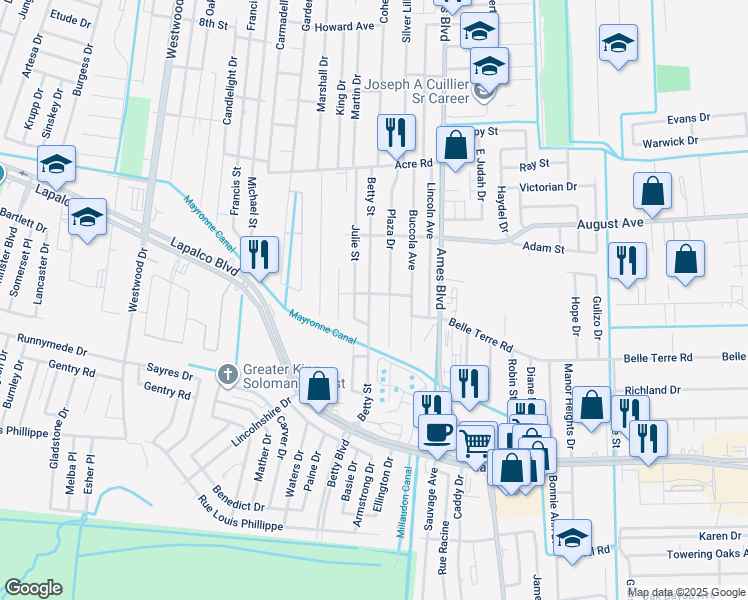 map of restaurants, bars, coffee shops, grocery stores, and more near 1801 Betty Street in Marrero