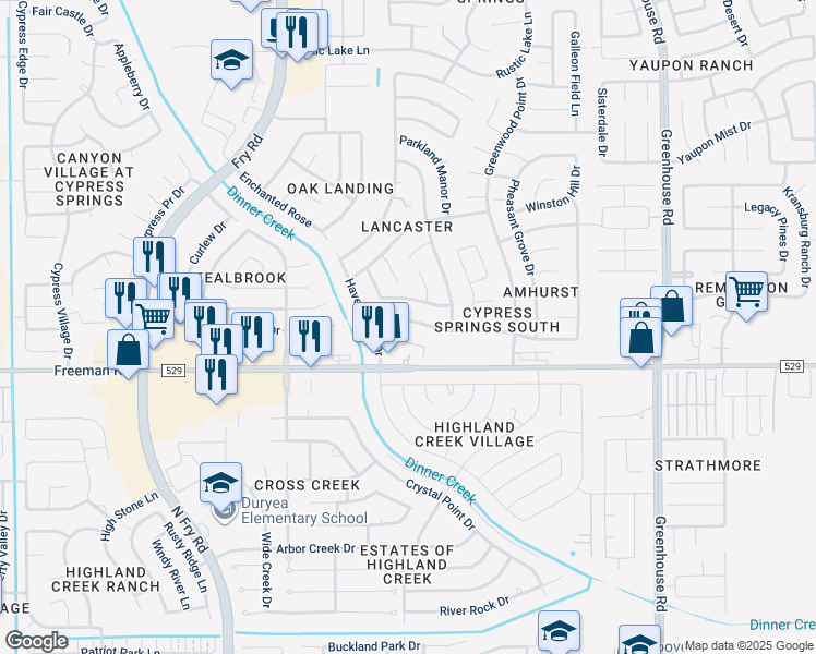 map of restaurants, bars, coffee shops, grocery stores, and more near 19930 Mountain Dale Drive in Cypress