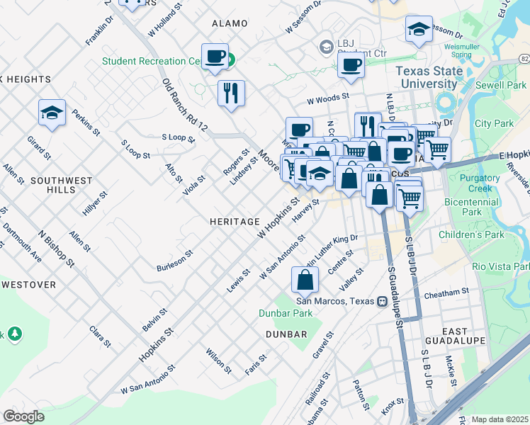 map of restaurants, bars, coffee shops, grocery stores, and more near 605 West Hutchison Street in San Marcos