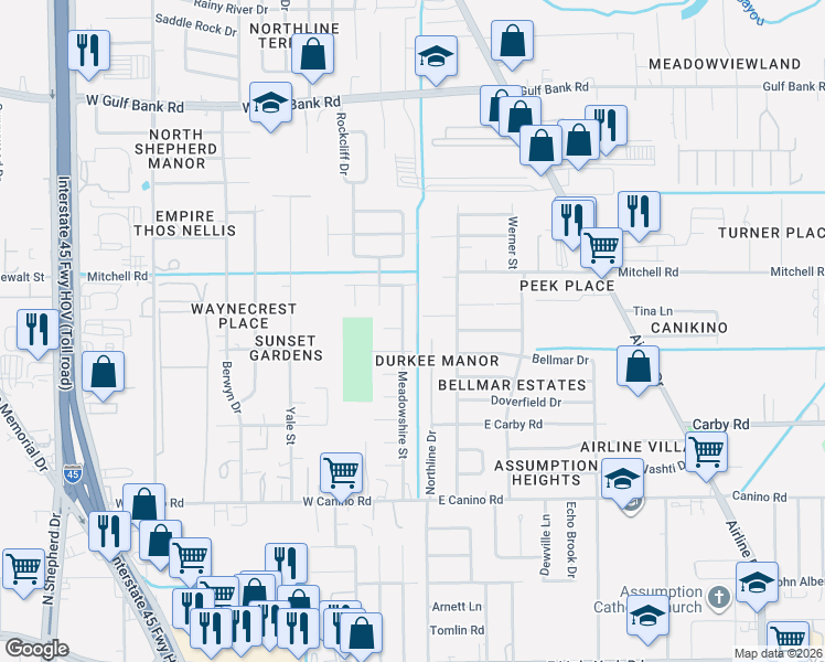 map of restaurants, bars, coffee shops, grocery stores, and more near 8322 Meadowshire Street in Houston