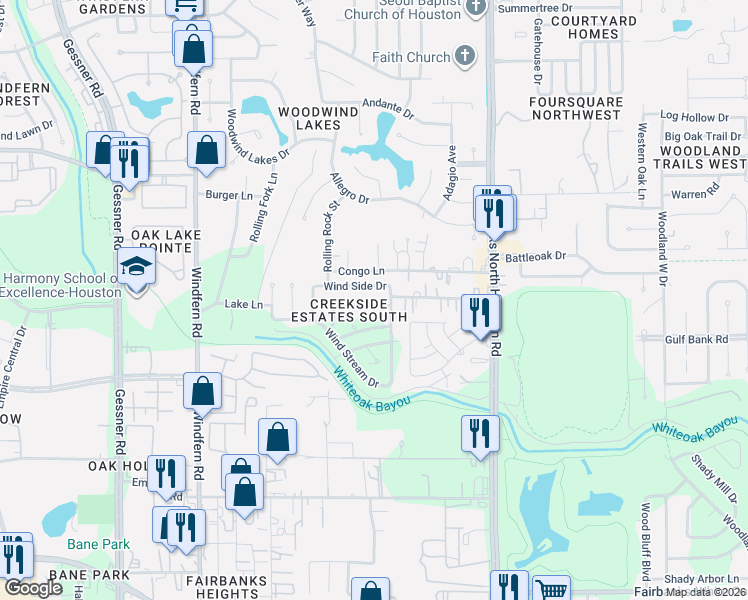 map of restaurants, bars, coffee shops, grocery stores, and more near 8803 Wind Side Drive in Houston