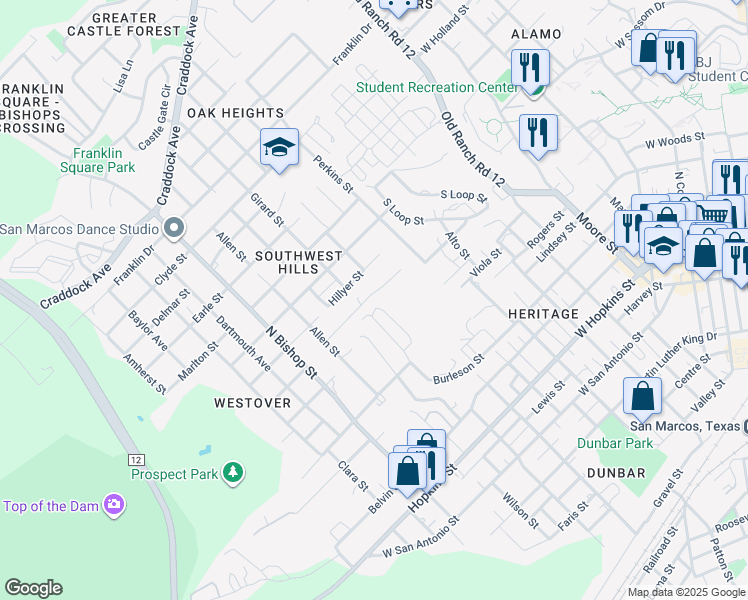 map of restaurants, bars, coffee shops, grocery stores, and more near 898 Advance Street in San Marcos