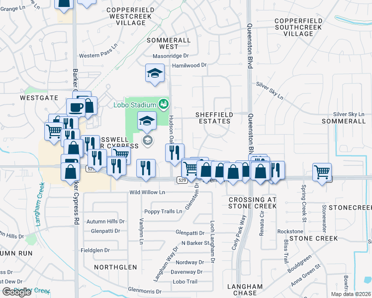 map of restaurants, bars, coffee shops, grocery stores, and more near 7106 Hazel Cove Drive in Houston