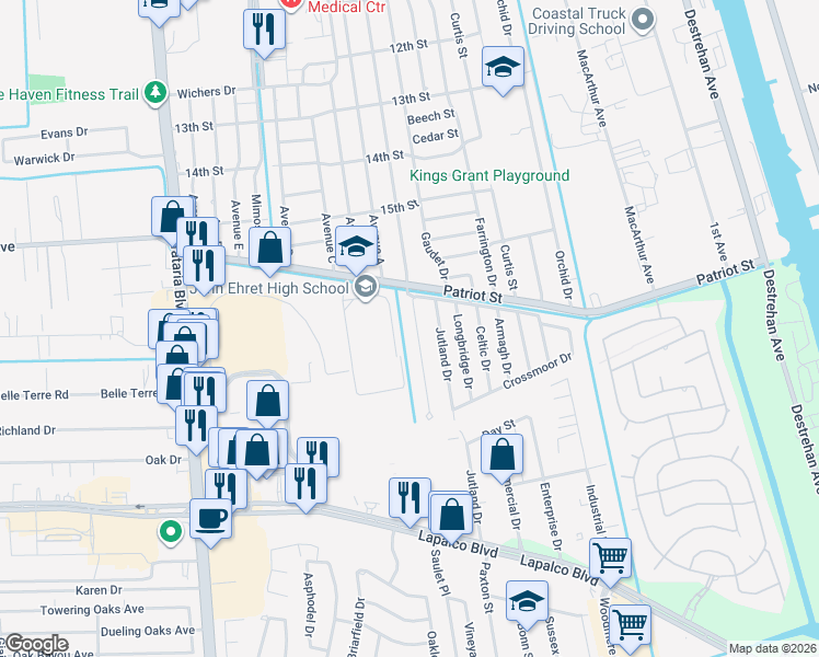 map of restaurants, bars, coffee shops, grocery stores, and more near 1612 Nottingham Drive in Harvey
