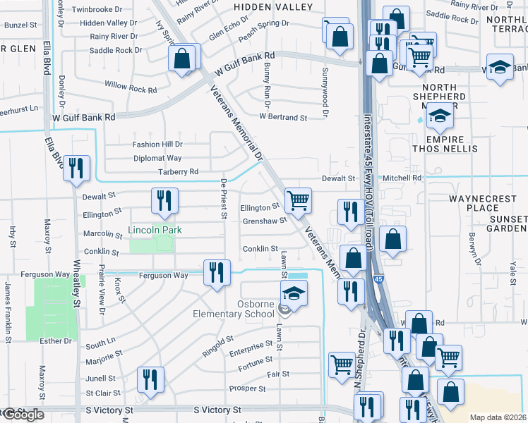 map of restaurants, bars, coffee shops, grocery stores, and more near 811 Ellington Street in Houston