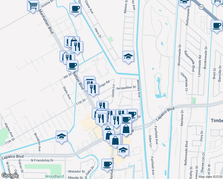 map of restaurants, bars, coffee shops, grocery stores, and more near 1521 West Chelsea Road in Harvey