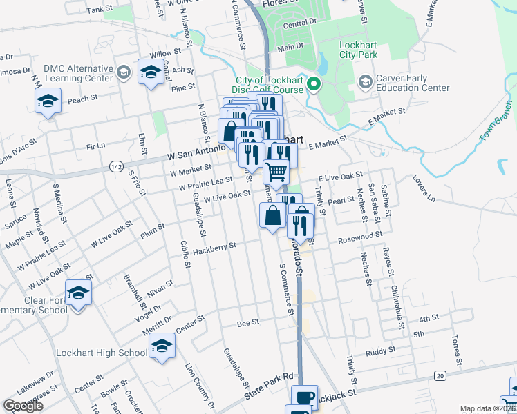 map of restaurants, bars, coffee shops, grocery stores, and more near 415 South Commerce Street in Lockhart