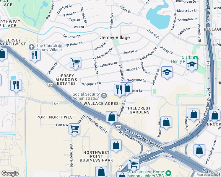 map of restaurants, bars, coffee shops, grocery stores, and more near 16026 Seattle Street in Jersey Village