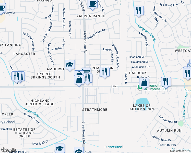 map of restaurants, bars, coffee shops, grocery stores, and more near 19123 Saddleville Mills Lane in Harris County