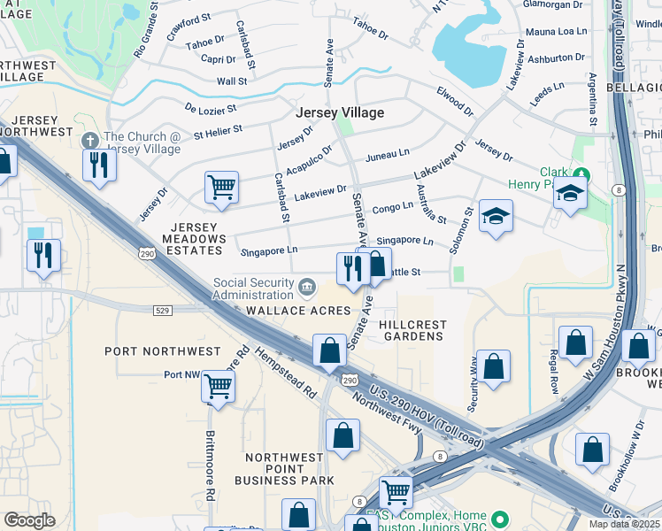 map of restaurants, bars, coffee shops, grocery stores, and more near 16026 Seattle Street in Jersey Village