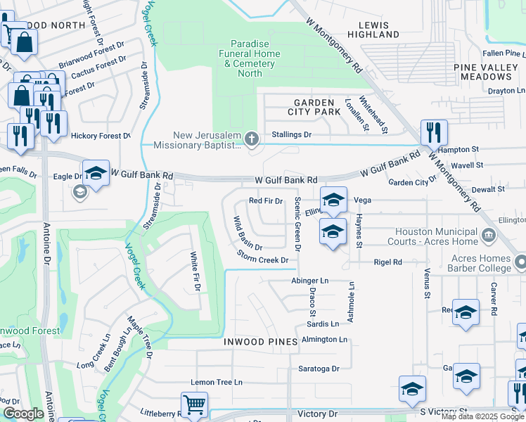 map of restaurants, bars, coffee shops, grocery stores, and more near 3623 Red Fir Drive in Houston