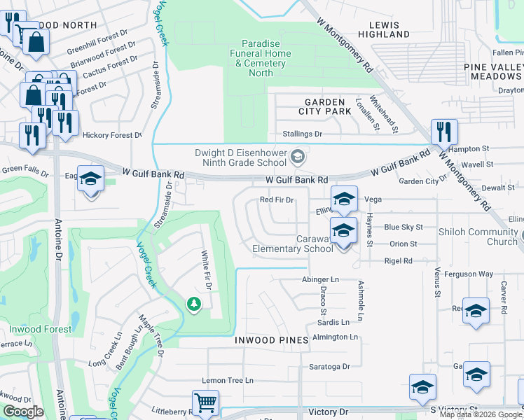 map of restaurants, bars, coffee shops, grocery stores, and more near 8822 Cold Lake Drive in Houston