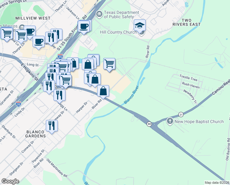 map of restaurants, bars, coffee shops, grocery stores, and more near 1650 River Road in San Marcos
