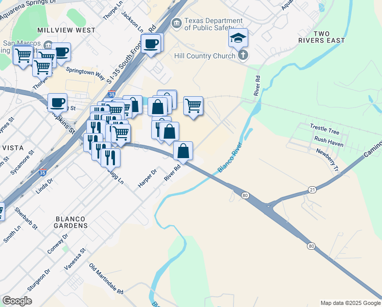 map of restaurants, bars, coffee shops, grocery stores, and more near 1503 River Road in San Marcos