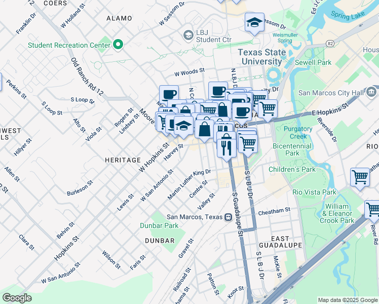 map of restaurants, bars, coffee shops, grocery stores, and more near 307 West San Antonio Street in San Marcos