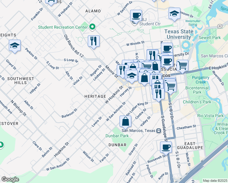 map of restaurants, bars, coffee shops, grocery stores, and more near 536 West Hopkins Street in San Marcos