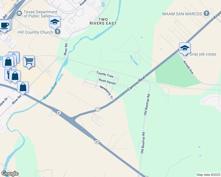 map of restaurants, bars, coffee shops, grocery stores, and more near 414 Heart Ridge in San Marcos