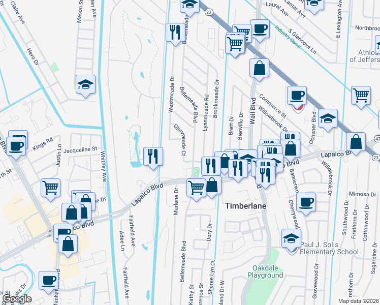 map of restaurants, bars, coffee shops, grocery stores, and more near 556 Lynnmeade Road in Gretna