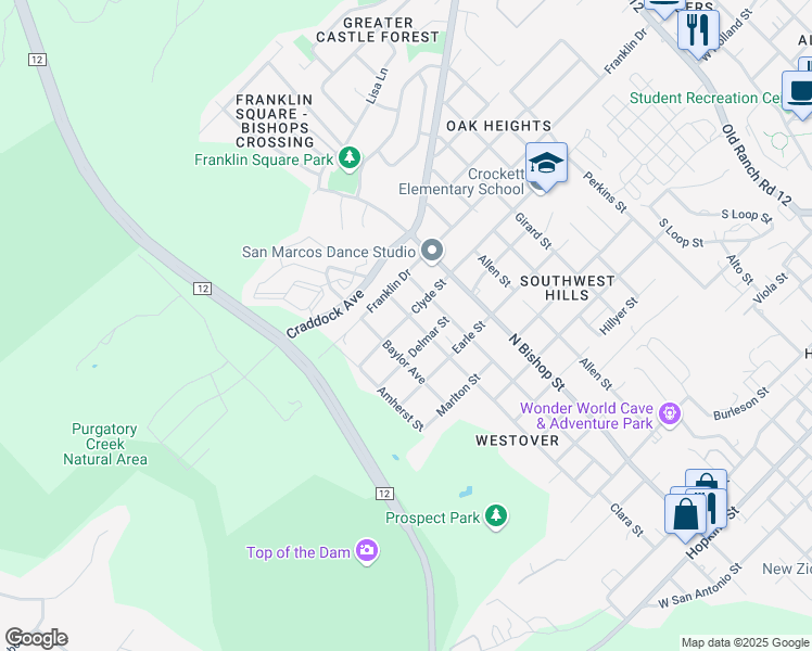 map of restaurants, bars, coffee shops, grocery stores, and more near 1401 Clyde Street in San Marcos