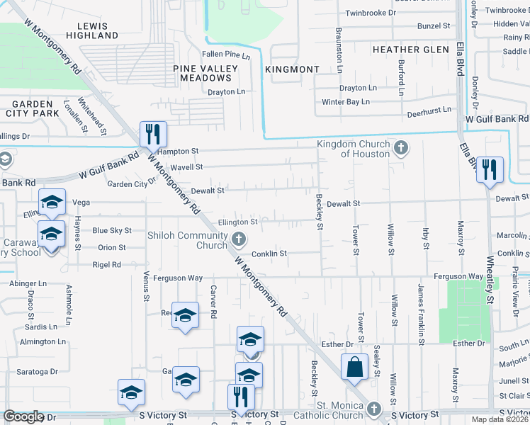 map of restaurants, bars, coffee shops, grocery stores, and more near 2108 Ellington Street in Houston