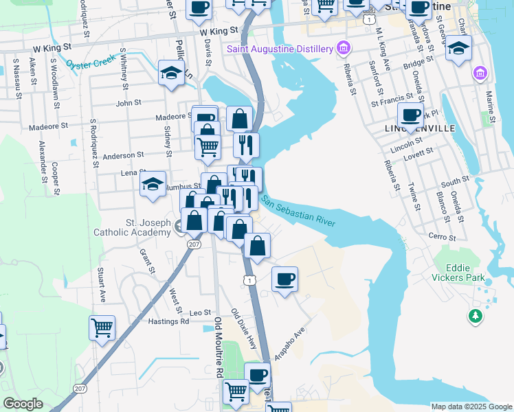 map of restaurants, bars, coffee shops, grocery stores, and more near 905 South Ponce De Leon Boulevard in St. Augustine