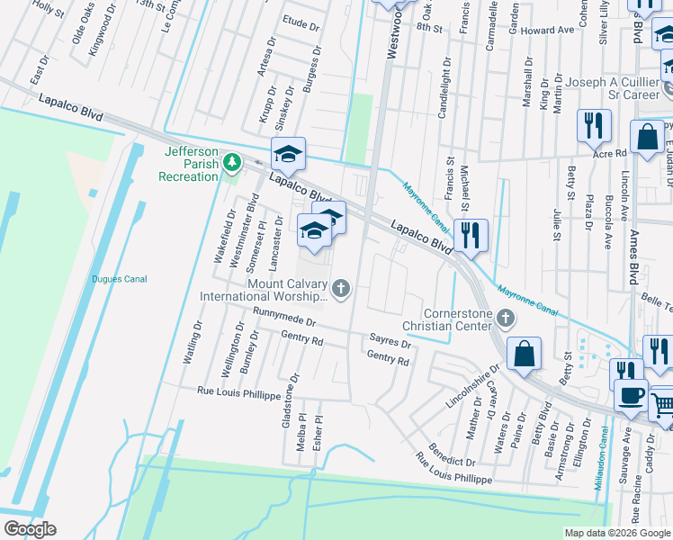 map of restaurants, bars, coffee shops, grocery stores, and more near 7 Berger Road in Marrero