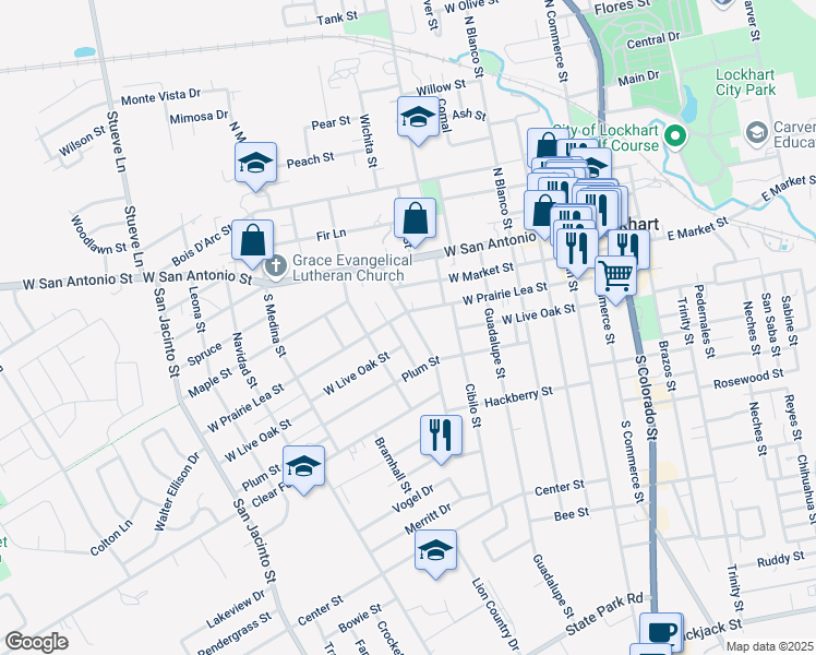 map of restaurants, bars, coffee shops, grocery stores, and more near 311 South Frio Street in Lockhart