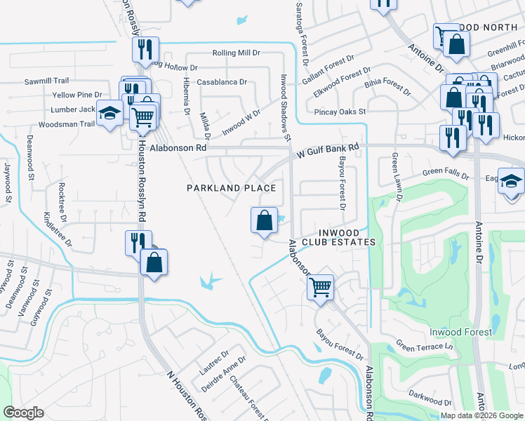map of restaurants, bars, coffee shops, grocery stores, and more near 6535 Morningsage Lane in Houston