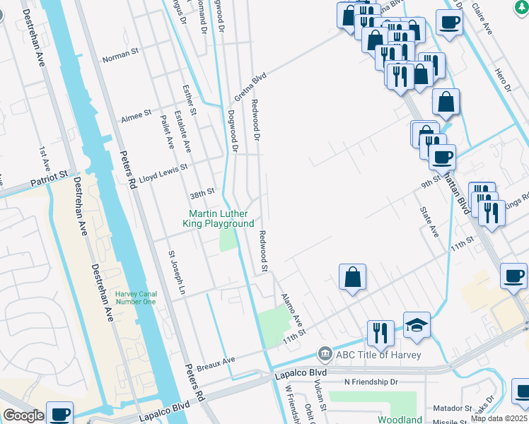 map of restaurants, bars, coffee shops, grocery stores, and more near 1721 Redwood Drive in Harvey