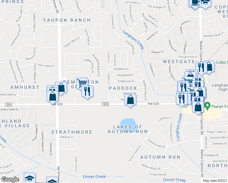map of restaurants, bars, coffee shops, grocery stores, and more near 18722 Bridoon Drive in Cypress
