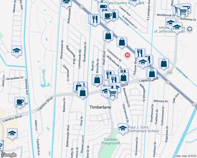 map of restaurants, bars, coffee shops, grocery stores, and more near 319 Brett Drive in Gretna