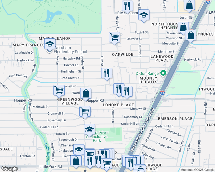 map of restaurants, bars, coffee shops, grocery stores, and more near in Harris County