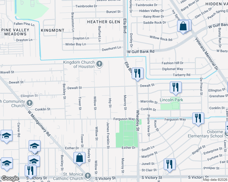 map of restaurants, bars, coffee shops, grocery stores, and more near 9516 Irby St in Houston