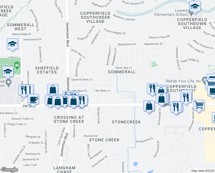 map of restaurants, bars, coffee shops, grocery stores, and more near 16715 Summer Dawn Lane in Houston