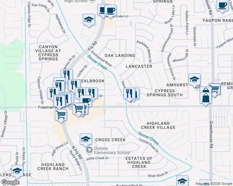 map of restaurants, bars, coffee shops, grocery stores, and more near 20106 Mountaindale Drive in Cypress