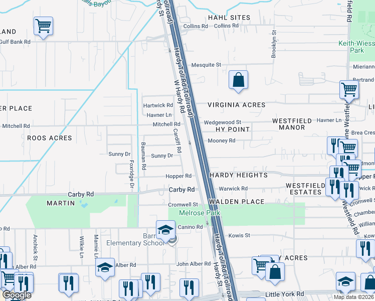 map of restaurants, bars, coffee shops, grocery stores, and more near 12519 West Hardy Road in Houston
