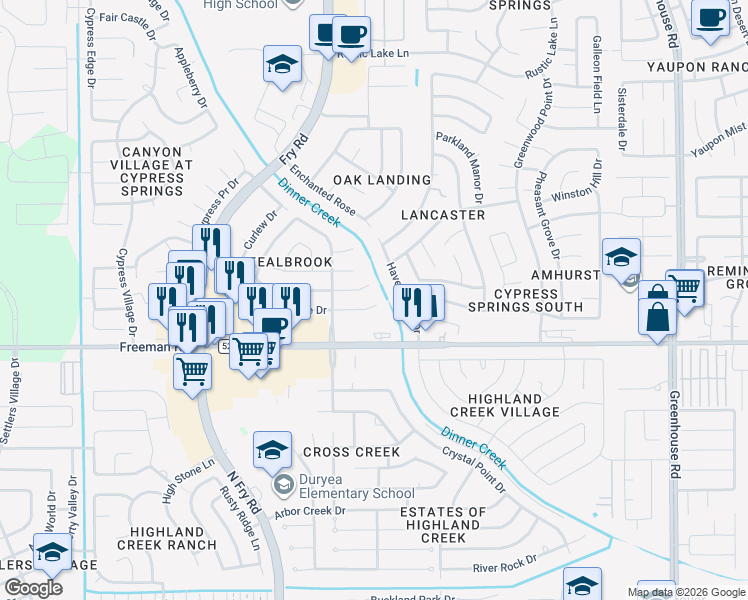map of restaurants, bars, coffee shops, grocery stores, and more near 20106 Mountaindale Drive in Cypress