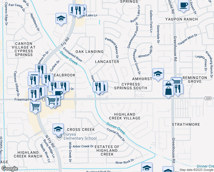 map of restaurants, bars, coffee shops, grocery stores, and more near 19930 Mountain Dale Drive in Cypress