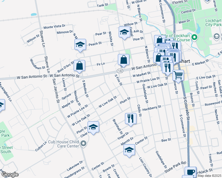 map of restaurants, bars, coffee shops, grocery stores, and more near 711 West Prairie Lea Street in Lockhart