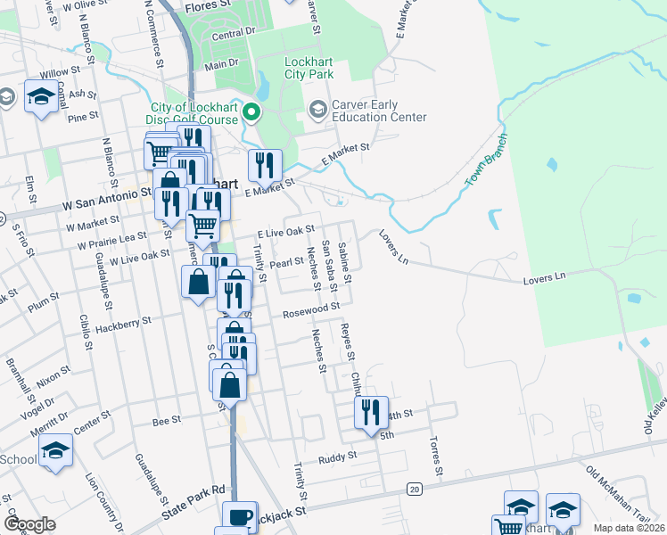 map of restaurants, bars, coffee shops, grocery stores, and more near 548 Sabine Street in Lockhart