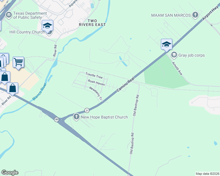 map of restaurants, bars, coffee shops, grocery stores, and more near 117 Rush Haven in San Marcos