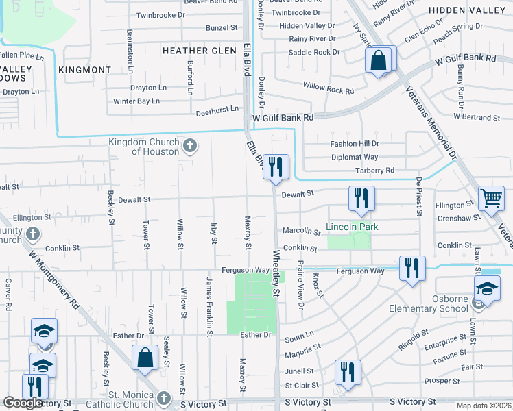 map of restaurants, bars, coffee shops, grocery stores, and more near 9514 Maxroy Street in Houston