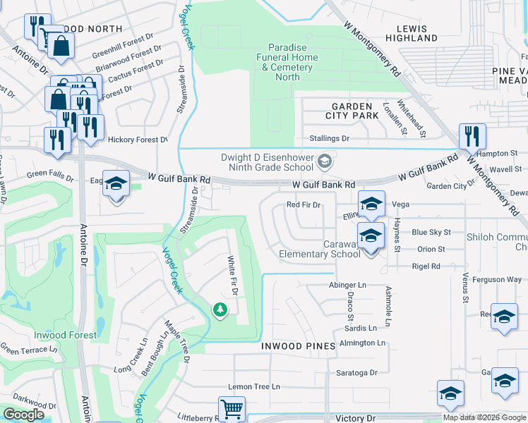 map of restaurants, bars, coffee shops, grocery stores, and more near 8826 Roaring Point Drive in Houston