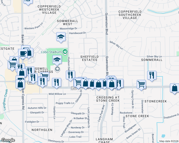 map of restaurants, bars, coffee shops, grocery stores, and more near 17230 Rush Trace Court in Houston
