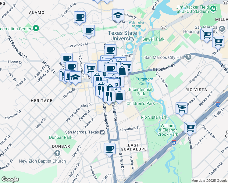 map of restaurants, bars, coffee shops, grocery stores, and more near 141 South L B J Drive in San Marcos