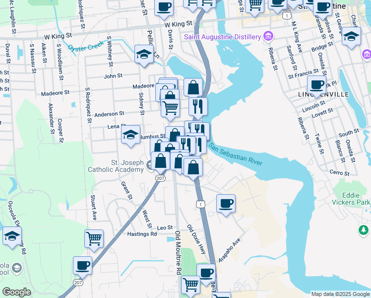 map of restaurants, bars, coffee shops, grocery stores, and more near 800 South Ponce De Leon Boulevard in St. Augustine
