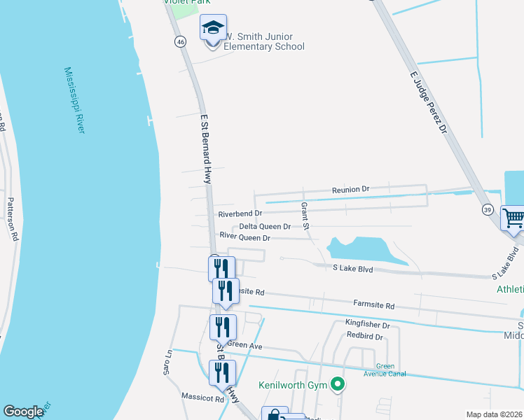 map of restaurants, bars, coffee shops, grocery stores, and more near 2204 Riverbend Drive in Violet