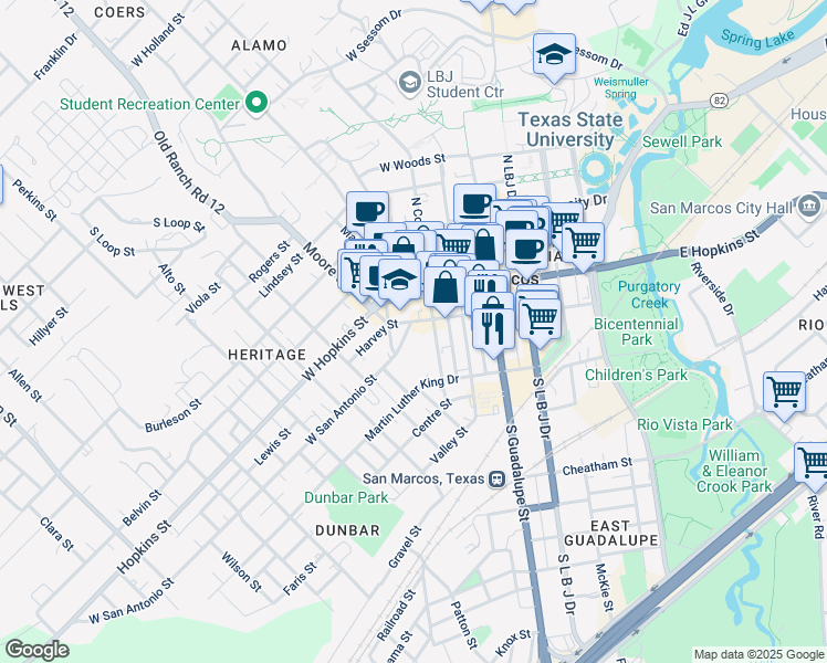 map of restaurants, bars, coffee shops, grocery stores, and more near 307 West San Antonio Street in San Marcos