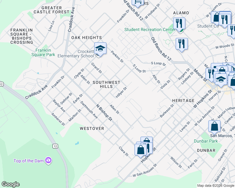 map of restaurants, bars, coffee shops, grocery stores, and more near 1000 Hillyer Street in San Marcos