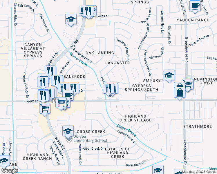 map of restaurants, bars, coffee shops, grocery stores, and more near 7102 Haven Creek Drive in Cypress